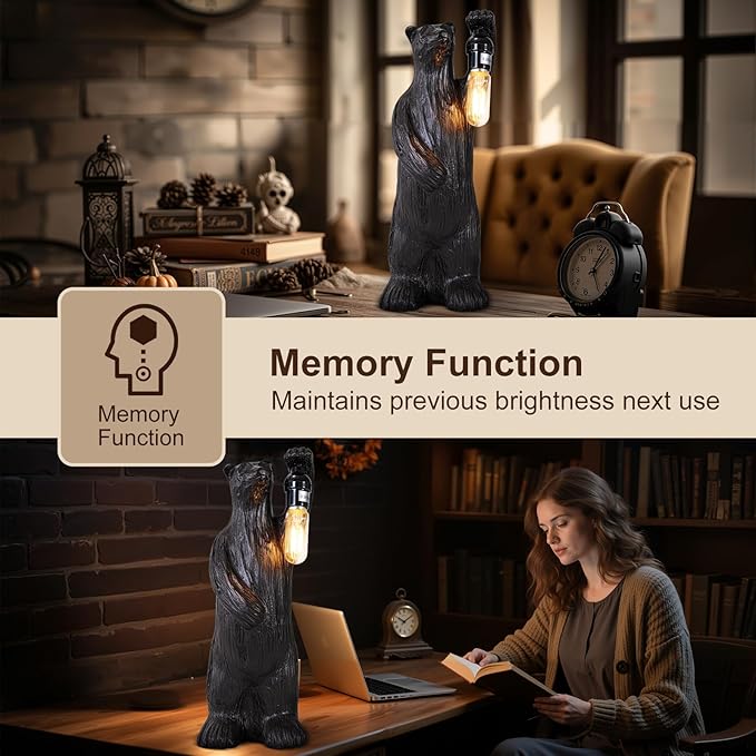 Scenekoy Bear Table Lamp for Living Room Bedroom, Memory Function, 3 Way Cycling Dimming, Resin Gothic Style Bedside Nightstand Lamps, Rustic Night Light Home Room Decor (Bulb Included)