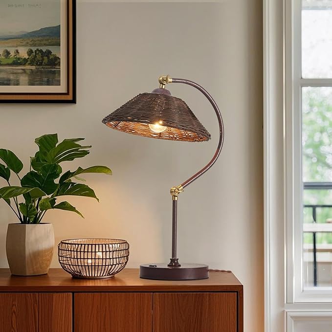 Woven Rattan Bedside Table Lamp Set of 2, Boho Plug in Handmade Rattan Shade & Anti-Rust Iron Base Desk Lamp, Plug & Play Vintage Dark Brown Nightstand Lamp for Living Room,Office【Bulb Included】