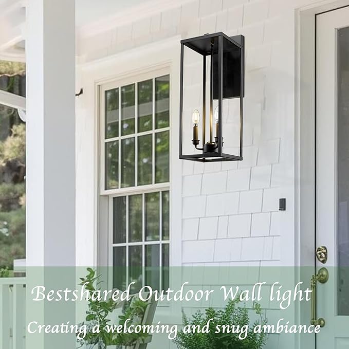 Bestshared Outdoor Wall Lantern Light, 24 Inch Tall Large Wall Sconce Clear Glass, Anti-Rust Modern Black Outside Lantern Lamp for House Front Porch Doorway Patio