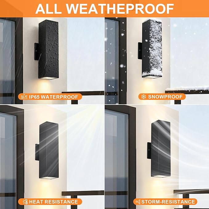 Modern Exterior Lighting Fixtures, Black Outdoor Wall Light Fixtures, 14 in Up and Down Front Porch Light,Square Outdoor Lights for House,Garage Include 12 * 7W Led GU10 Bulbs Aluminum 6PCS