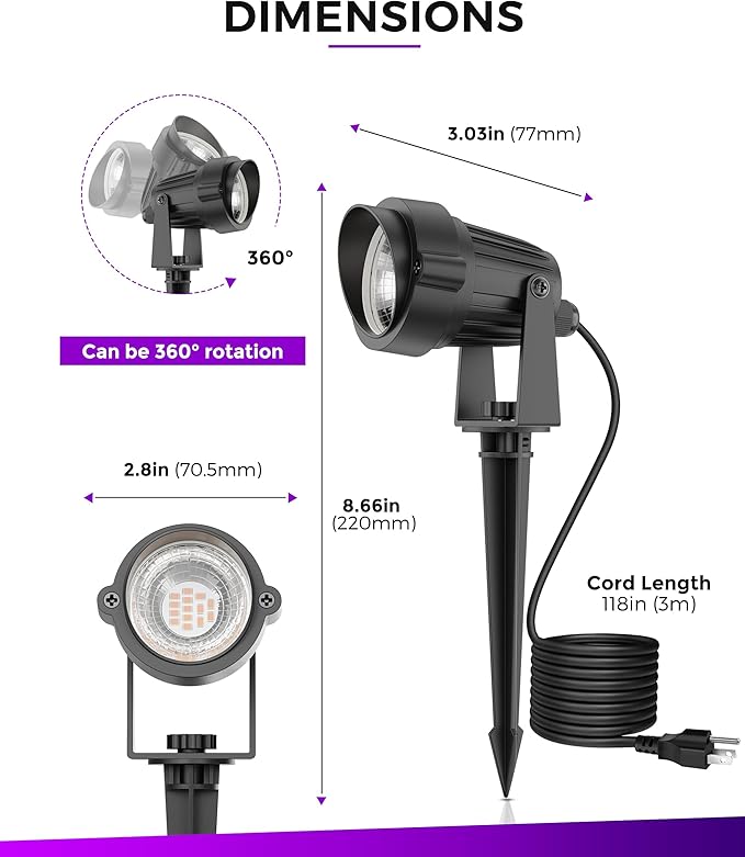 L LOHAS LED Halloween Orange and Purple Spotlights Outdoor, Auto On/Off 5W 120V Landscape Lighting for for House, Holiday, Trees, Decoration, 450LM IP66 Waterproof, UL Listed, 2 Pack