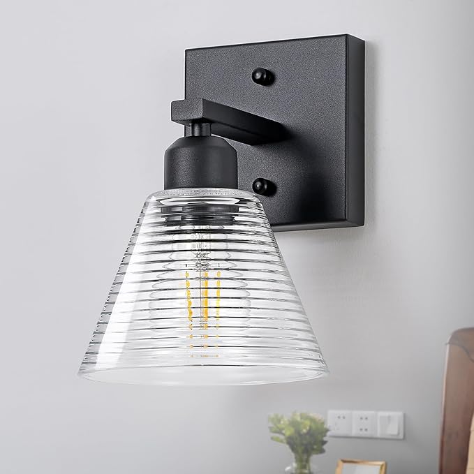 1-Light Bathroom Vanity Light, Black Modern Bathroom Lighting Fixtures with Clear Glass Shade, Farmhouse Wall Sconces for Mirror Kitchen Bedroom Living Room