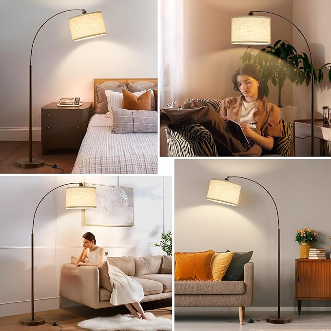 Luvkczc 71" Arc Floor Lamp for Living Room with Adjustable Lamp Head, Black Pole Lamp with White Shade, Standing Lamp with Foot Switch, Over Couch Arched Reading Light for Bedroom, Office, Study Room