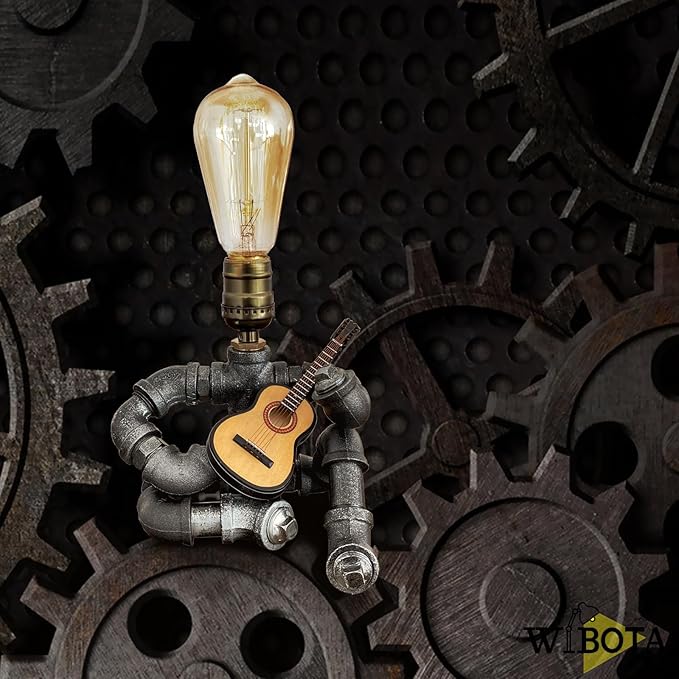 Steampunk Industrial Guitar Lamp - Unique Table Lamp/Desk Lamp with Edison Bulb, Vintage Decorative Lamp for Men, Guitar Lovers & Musicians, Creative Unusual Music-Themed Gift