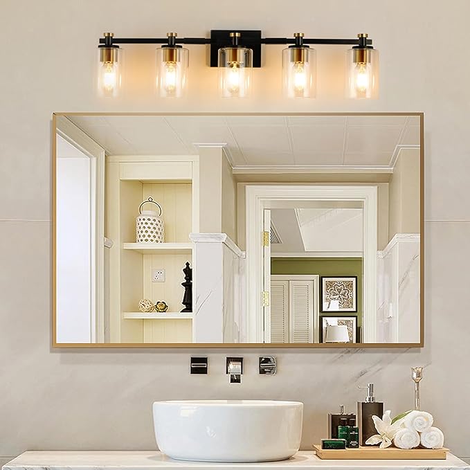 Bathroom Vanity Light 5 Light, Black and Gold Bathroom Lights Over Mirror, Black Gold Vanity Lights Fxitures with Clear Glass Shade, E26