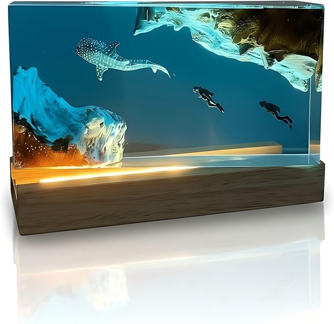 Handmade Ocean Resin Night Light 7-Color LED Lamp with Remote, Epoxy Resin Wood Lamp for Bedroom Decor & Desk, Romantic Valentine’s Day Gift for Her, Men's Office Decor (Whale, Small)