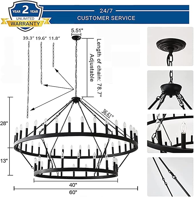 2 Tier Large Black Wagon Wheel Chandelier Farmhouse Industrial Chandelier Rustic Pendant Light Fixture Extra Large Wheel Chandeliers for high Ceilings (Black, 60 Inch 2 Tier 54-Lights)