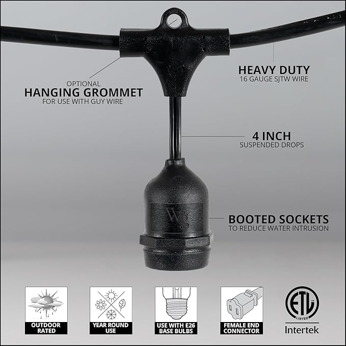 100-ft 50 Suspended Sockets E26 Commercial Patio Light Stringer, Heavy Duty Weatherproof SJTW Black Wire, 24" Spacing, 16 Gauge Wire, Stringer Only
