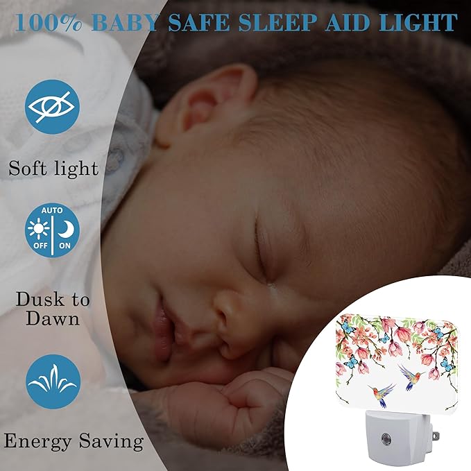Hummingbird and Blue Butterfly Plug in Night Lights, Wisteria Flowers Nightlight Plug Into Wall Dusk to Dawn Sensor for Kid Girls Boys Women Bedroom,Hallway,Kitchen,Bathroom,Stairs Decor