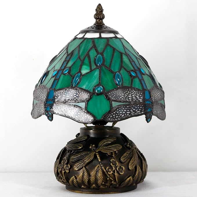 Small Tiffany Table Lamp Stained Glass Desk Lamp 8X8X11 Inch Accent Antique Light (Green Dragonfly)