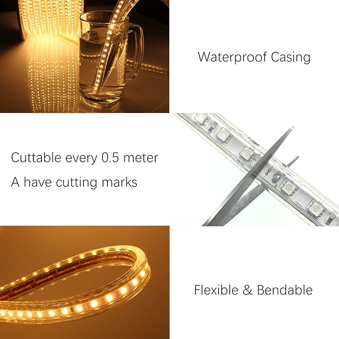5050-60 Type AC 110-120V LED Strip Lights, Flexible/Waterproof/Dimmable/Multi-Modes LED Rope Light + 23 Keys Remote for Home/Garden/Building Decoration (65.6ft/20m, Warm White 3500K)