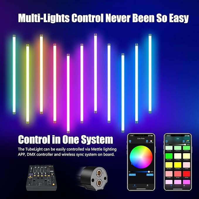 Mettlelite TLX2 RGB Tube Light LED Full Color Portable Video Light with APP DMX Control 2 ft 2800K-8000K CRI96 TLCI97 360° RGB CCT HSI Mode 10 Customizable Light Effects Built in Rechargeable Battery