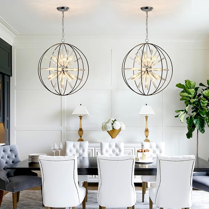Vezzio Modern Black Chandelier for Dining Room 10-Light Mid Century Globe Crystal Chandeliers for Kitchen Industrial Light Fixture for Entryway Foyer Hallway Stairs, 22"