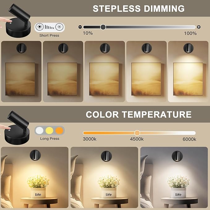 Kimjo Wireless LED Spotlight, Spot Lights Indoor, Uplighting Indoor with Timer and Dimmable, Rechargeable Wall Lights Picture Light Accent Lighting for Plants (2 Pack)