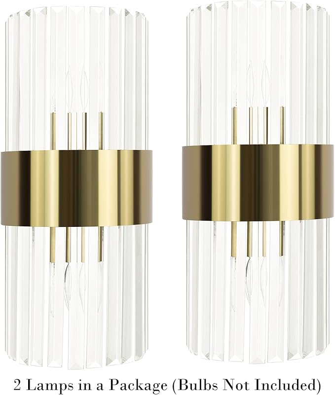 Gold Crystal Wall Sconce Set of 2, Modern Crystal Glass Sconces Lighting 2-Light Brass Glass Wall Light Fixtures for Bathroom Hallway Bedroom, 8-Inch