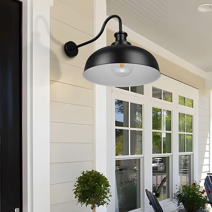 Outdoor Barn Lights,16 Inch Dome Outdoor Wall Sconces Farmhouse Exterior Wall Mount Light Vintage Wall Lighting Fixture Industrial Black Lantern Lamps for Porch, Entryway, Garage, 2 Pack