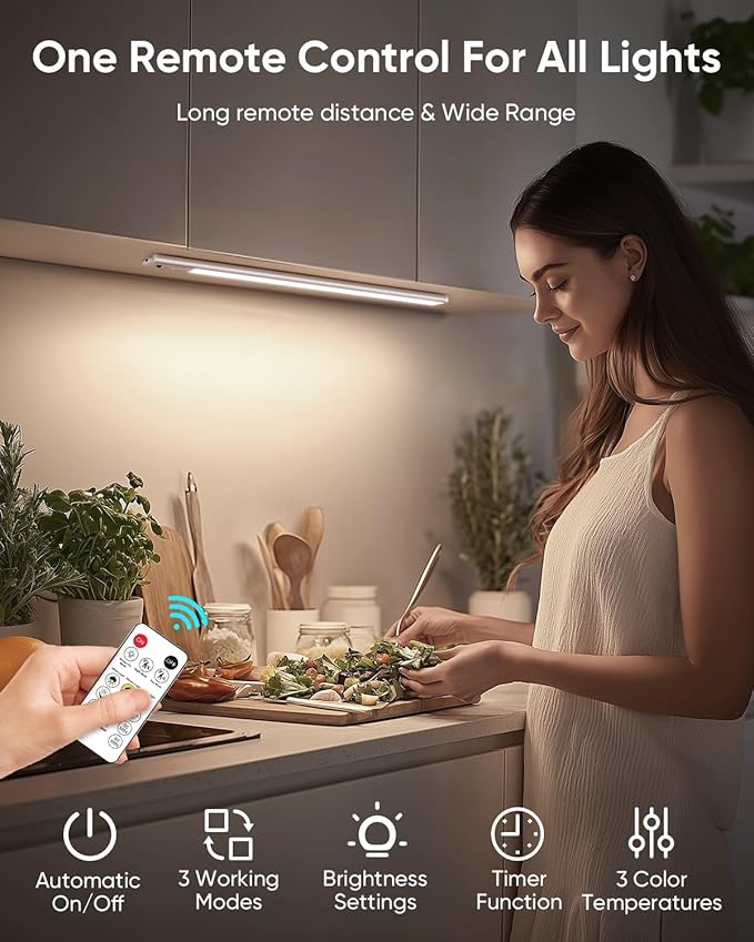 Under Cabinet Lighting Wireless, Rechargeable 62 LED Motion Sensor Light Indoor, 3 Color Temps Closet Lights with Remote Control, Dimmable Magnetic Under Counter Lights for Kitchen, Stairs, 6 Pack