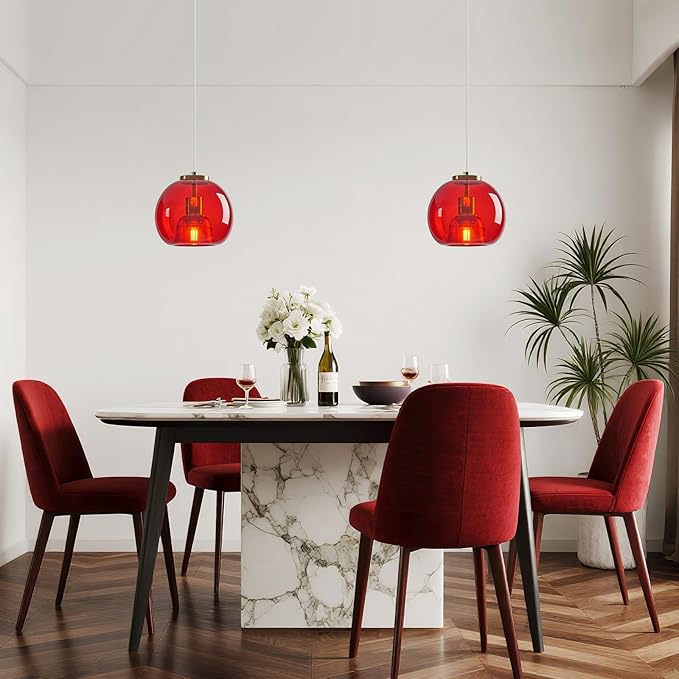 Red Glass Pendant Lights Kitchen Island Gold Hanging Light Fixture Glass Globe Pendant Light Modern Pendant Lighting for Kitchen Island Bedroom Dining Room (7.87", 3 Pack)