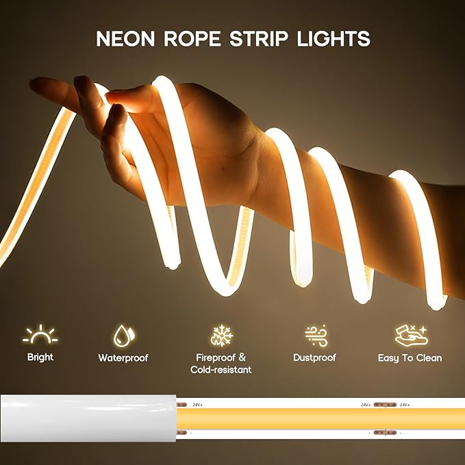 LED Neon Lights Warm White 3000K,9.8ft 110-120V LED Strip Lights,Flexible Outdoor Waterproof Neon Rope Lights for Bedroom,Cabinet,Kitchen,Living Room,Mirror,Halloween Decor