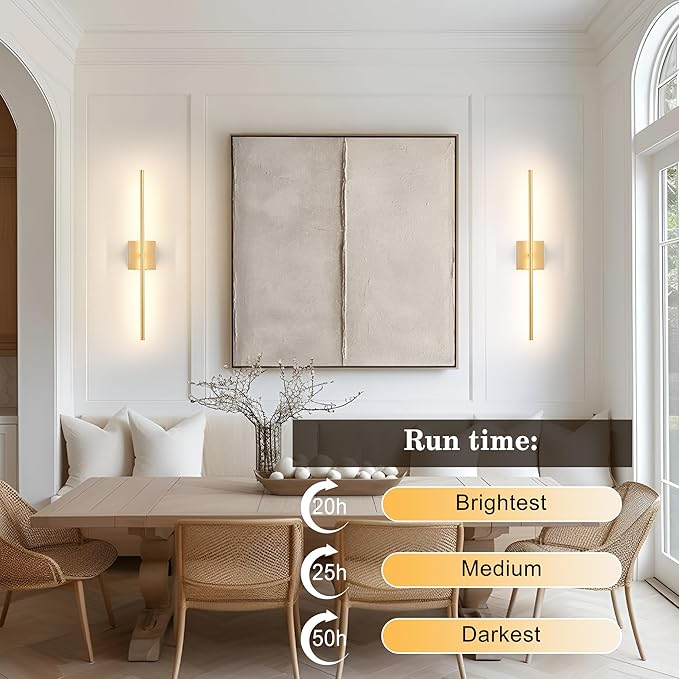 Removable Battery Operated Wall Sconces with Remote Control, Stepless Colors 3000K-6000K & Dimming, 350°Rotate, LED Gold Wireless Wall Light for Living Room, Bedroom, 32.2 Inch (2 Pack)