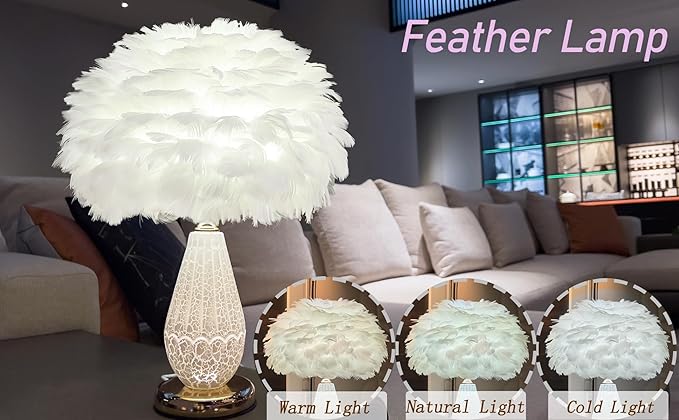 Feather Table Lamp with Cracked Ice Glass Bottle & Gold Base, 2 Separate Lights with Independent On/Off Control, 3-Color Mode Bedside Office Lamp (White)