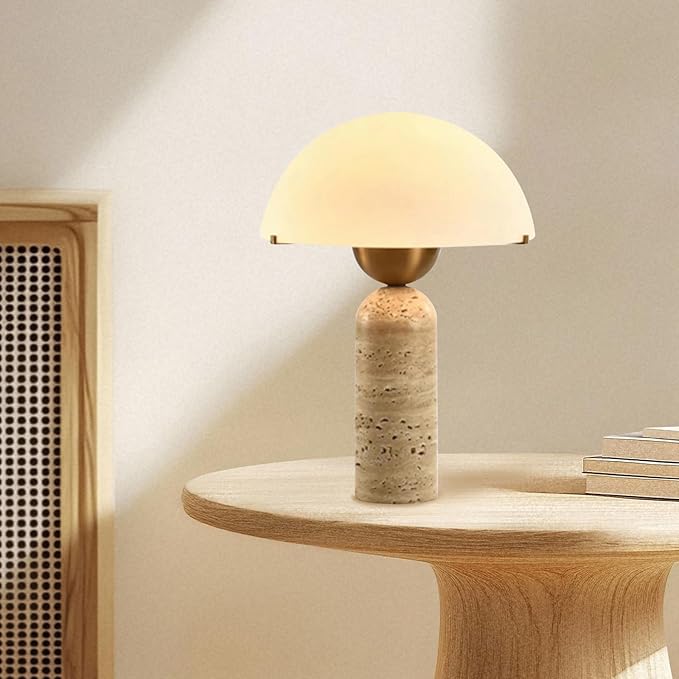 White Dome Table Lamp with Frosted Glass Shade, Mid-Century Modern Natural Stone Base Desk Lamp for Bedroom Nightstand, Scandinavian Bedside Light, 17.7 x 11.8 in