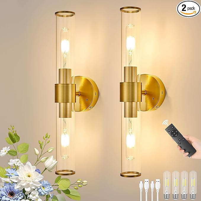 Gold Battery Operated Wall Sconces Set of 2, Rechargeable Wall Lights with Remote Control, 20 Inch Modern Wireless Wall Lamp for Bedroom, Living Room with Clear Glass Shade (Bulbs Included)