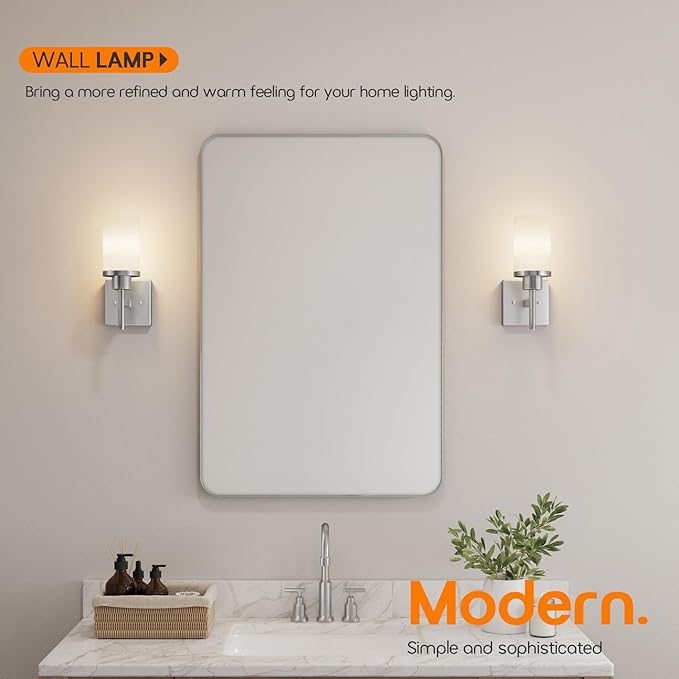 Bathroom Light Fixtures Brushed Nickel Vanity Lights with White Frosted Glass Shade, Wall Lamp for Mirror Kitchen Bedroom Living Room Porch T001BR-L1