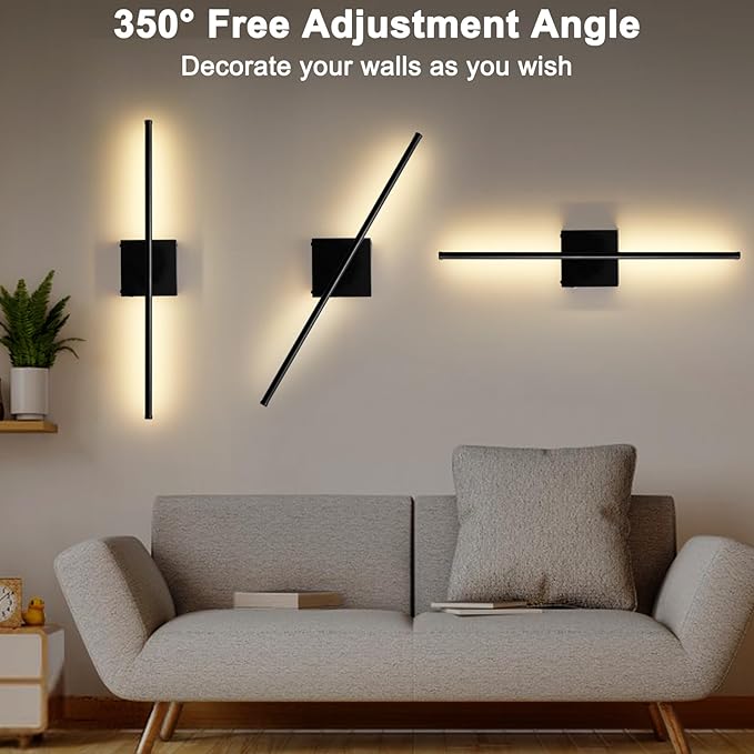 Battery Operated Wall Sconces Set of Two, Dimmable Wall Sconce with Remote Control, Rechargeable LED Wireless Wall Light for Bedroom, Living Room, Hallway, 350° Rotate, 26.7 Inch, Black(2 Pack)