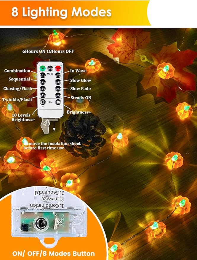 BOSSERN 2 Pack 60LED Thanksgiving Decoration 3D Pumpkin String Lights Battery Operated, 20FT Fall Lights with Remote, Waterproof 8 Modes Fairy Lights for Autumn Harvest Thanksgiving Halloween Decor