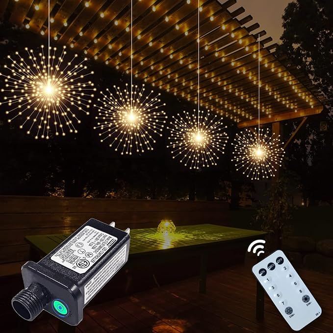 4 Pcs 800 LED Plug-in Starburst Sphere Lights, Firework Light 8 Modes Dimmable Remote Control Waterproof Hanging Fairy Light, Copper Wire Lights for Patio Party Tent Christmas (Warm White)