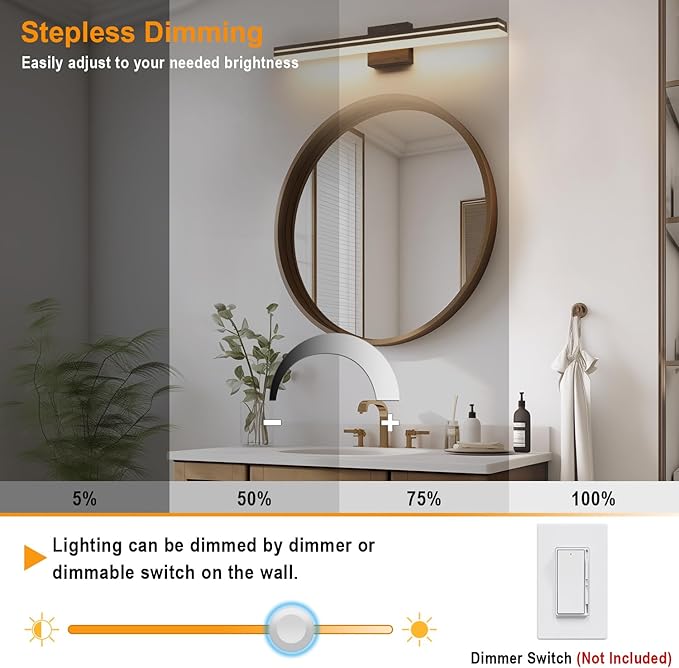 SineRise LED Modern Bathroom Vanity Light Fixtures (32-Inch, 3000K/4000K/6000K, Dimmable), Brown Wood Painted Modern Acrylic Bathroom Wall Lighting Fixtures Over Mirror