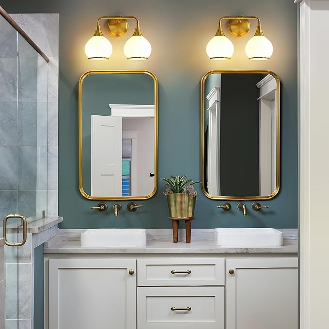 Brushed Gold Bathroom Light Fixtures 2-Lights Vanity Lights with Milky White Frosted Glass Shade Bathroom Vanity Light 14 inch Wall Sconce Lighting Bath(Exclude E26 Bulb)