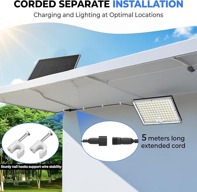 113 LED Solar Motion Light with 9000K Cool White, IP65 Waterproof, 5M Wire, Wide-Angle PIR Sensor, auto on/Off, Easy Install, Perfect for Yard, Patio, Porch, Wall, and Garden. 2-Year Warranty.