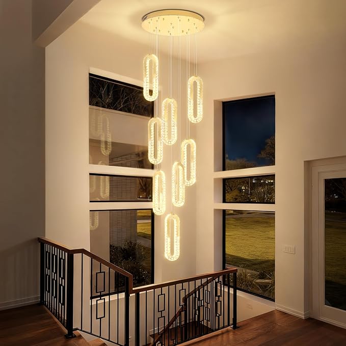 Modern Led Gold Chandelier Adjustable 8 Rings Crystal Chandelier for Foyer Stairwell Crystal High Ceiling Pendant Light Dimmable 2700K-6000K