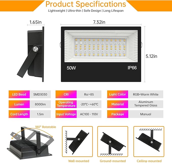 LED Flood Light Outdoor, 50W RGB Color Changing Smart Floodlights 2700K 5000LM Warm White & 16 Million Colors, RGBW Stage Lights with APP Control, 43 Modes, Grouping, Timing, IP66 Waterproof (2 Pack)