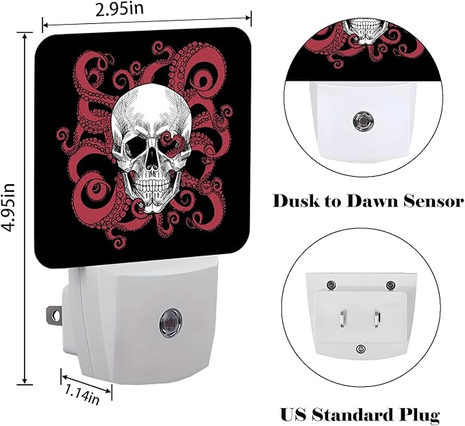 Human Skull and Octopus Tentacles Night Light,Plug Into Wall for Boys Girls Bedroom Decorative Square Night Light Lamp 0.5w Sleep Friendly