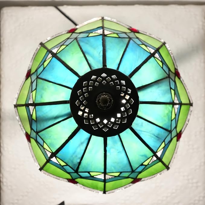 Green Tiffany Lamp Retro Rural Style Farmhouse Teal Bedroom Bedside Reading Light Living Room Hotel Bar Home Decor 12x19 Inch E26 Nightstand Unique Colored Bronze Metal Base Stainred Glass Table Lamp
