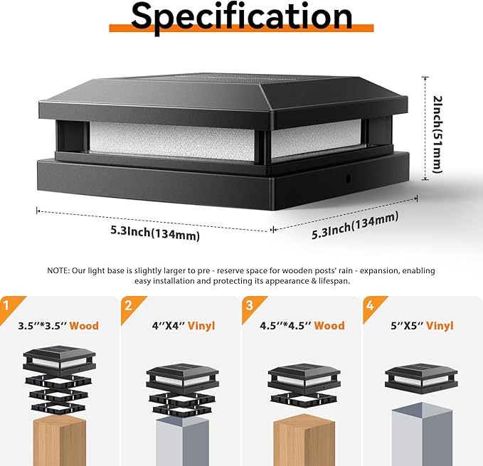 Solar Light Outdoor 4 Packs, Waterproof Solar Powered Post Cap Light for 4x4 4.5x4.5 5x5 Vinyl/Wooden Post with Warm/Cool Lighting, Black 16LEDs Deck Cap Lights for Outside, Garden, Patio, Porch