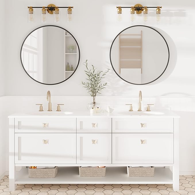 Inlight 23" Wide 4-Light Brass Gold Bathroom Vanity Light, Modern Black Bath Lighting, Clear Ribbed Glass Shade Wall Sconce, Bulb Not Included, IN-0445-4-GD