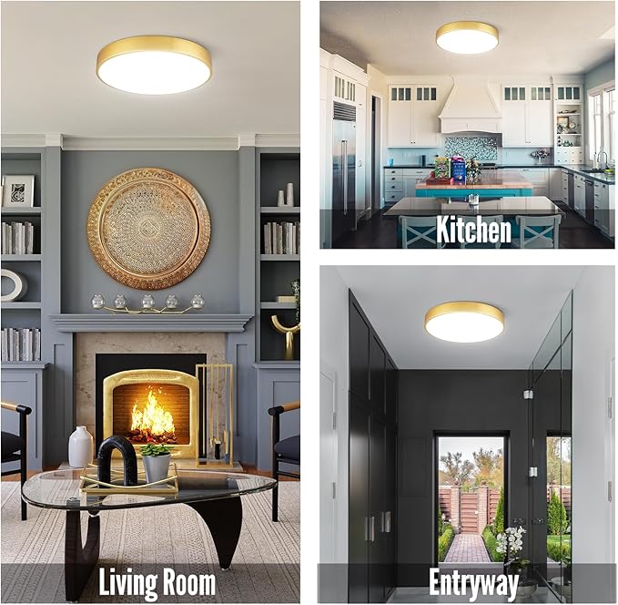 2 Pack Gold LED Ceiling Light Fixture Flush Mount 15 inch 36W, Dimmable Light Fixtures Flush Mount LED, Modern Kitchen Close to Ceiling for Bedroom, Bathroom, Living Room