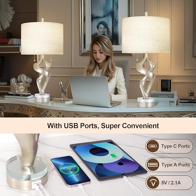 Scenekoy Sculptural Resin Table Lamp Set of 2 with USB Ports for Bedroom Living Room, 26” Antique Silver Leaf Dual Pull Chains Bedside Lamps, Nightstand Lamp for Home Room Decor (Bulbs Included)