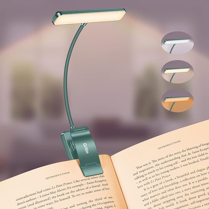 Gritin 19 LED Rechargeable Book Light for Reading in Bed with Memory Function- Eye Caring 3 Color Temperatures,Stepless Dimming Brightness,80 Hrs Runtime Clip on Light for Book Lovers-Blackish Green