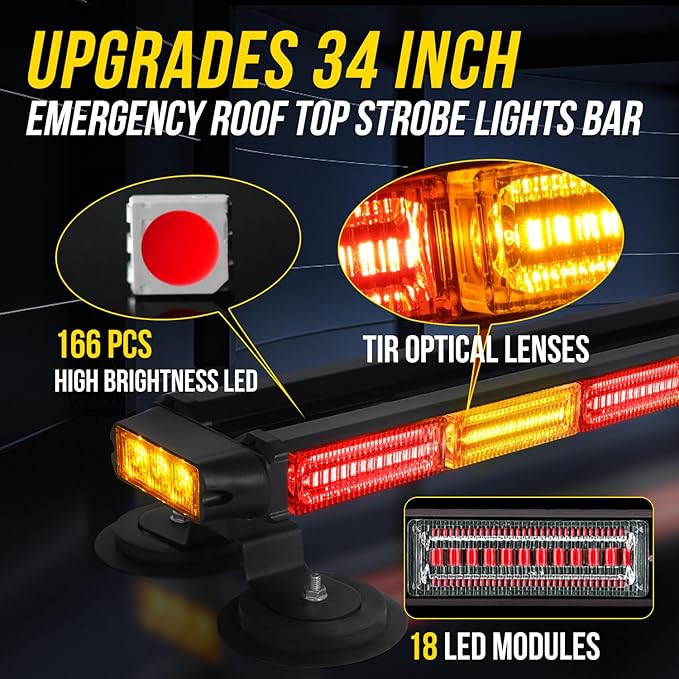 34inch 166 LED Emergency Rooftop Strobe Lights Bar Flashing Safety Traffic Advisor Warning Hazard Snow Plow Light W/Magnet Base for Work Trucks Vehicles Construction Tow Pickup Amber Red