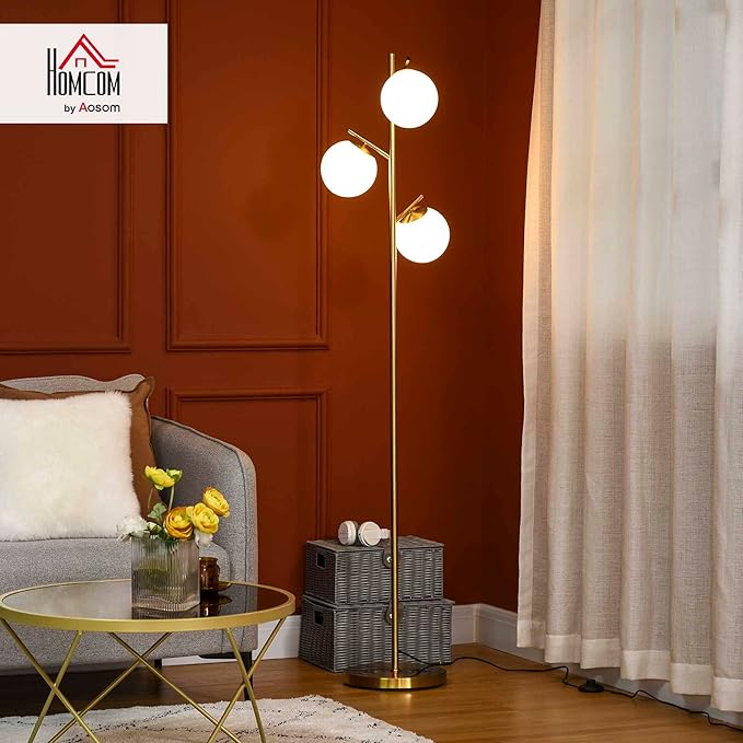 HOMCOM 3-Light Modern Floor Lamp for Living Room Bright Lighting, Tree Standing Lamp for Bedroom with Globe Lampshades, Steel Base, Cute Lamp, Bulb not Included, Gold