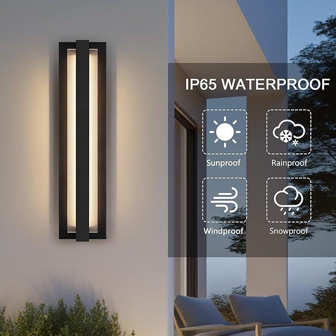 LamQee 23.6" Aluminum Long Outdoor Modern LED Wall Lights with Ribbed Glass, 2900K 2000LM Linear Exterior Lighting Fixture Wall Mount, IP65 Waterproof Black Outside Sconce for House Porch Garage Patio