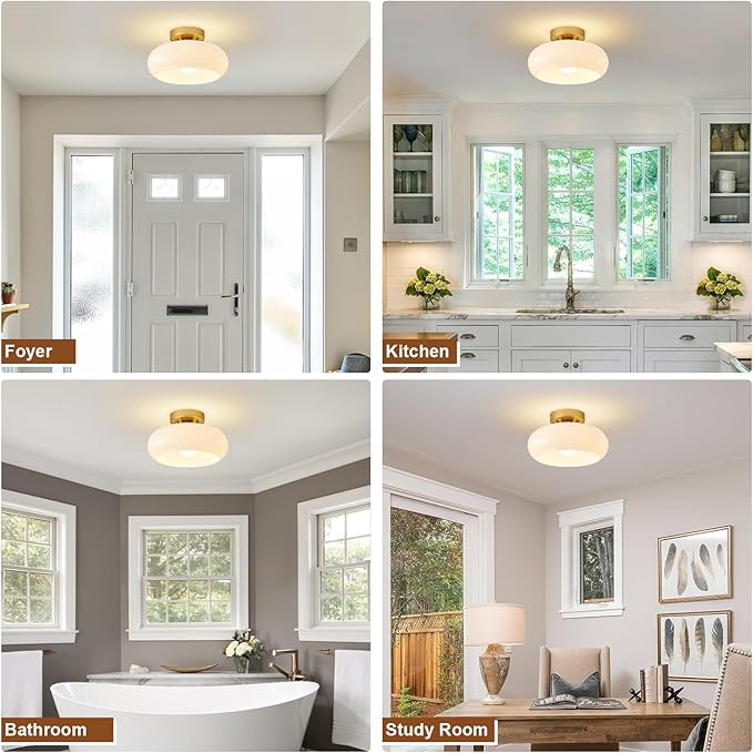 Mid-Century Modern Gold Semi Flush Mount Ceiling Light, Kitchen Ceiling Light Fixture with Glass Shade, Vintage White Close to Ceiling Lamp for Entryway Hallway Bathroom (11.0 Inch)