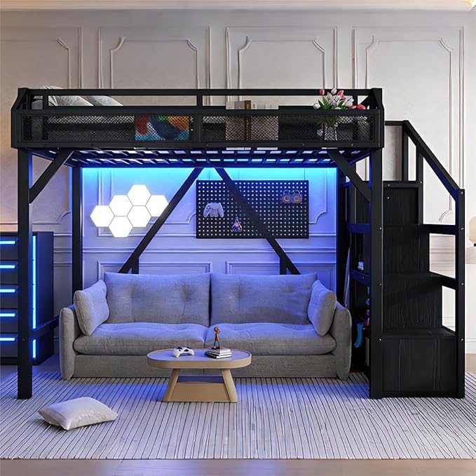 Bellemave Twin Loft Bed with Storage Stairs, Beside Shelf & Wardrobe, Metal Loft Bed Twin Size with USB Ports & LED Light, Large Under-Bed Space Loft Beds for Adults, Teens, Kids, Black