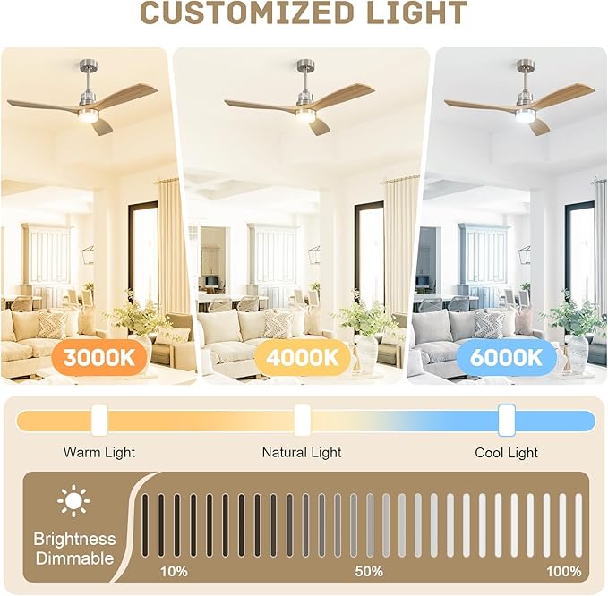 Sofucor 52 Inch Smart Ceiling Fan, Indoor/Outdoor Ceiling Fans with Lights and Remote, Work with Alexa/Google/APP, 6-Speed, Quiet DC Motor, Solid Wood 3 Blade Ceiling Fan for Bedroom Living Room Patio