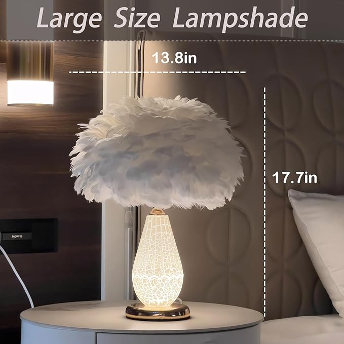 Feather Table Lamp with Cracked Ice Glass Bottle & Gold Base, 2 Separate Lights with Independent On/Off Control, 3-Color Mode Bedside Office Lamp (White)